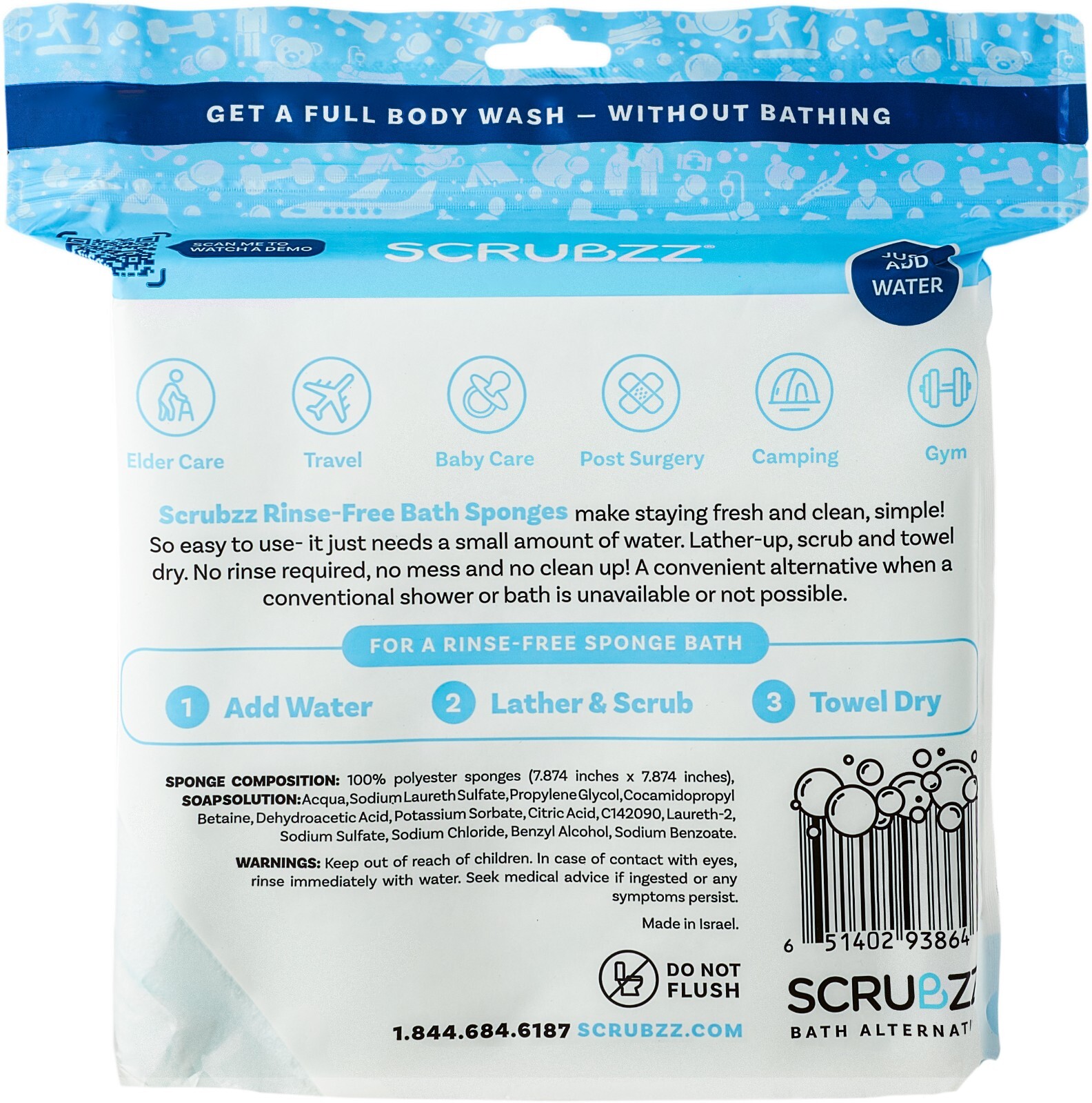 Scrubzz Disposable Rinse Free Bathing Sponges - Unscented, 200 Count