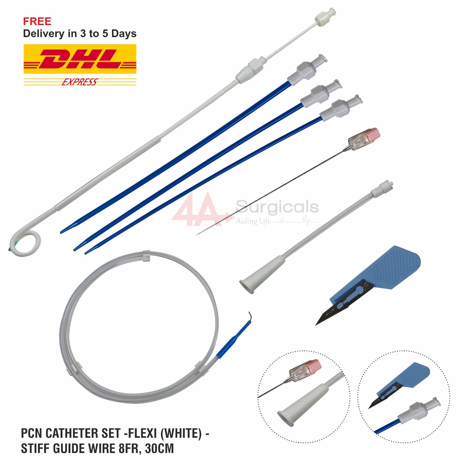 4A PCN Catheter Set- Flexible White Stiff Guidewire 8fr/30cm