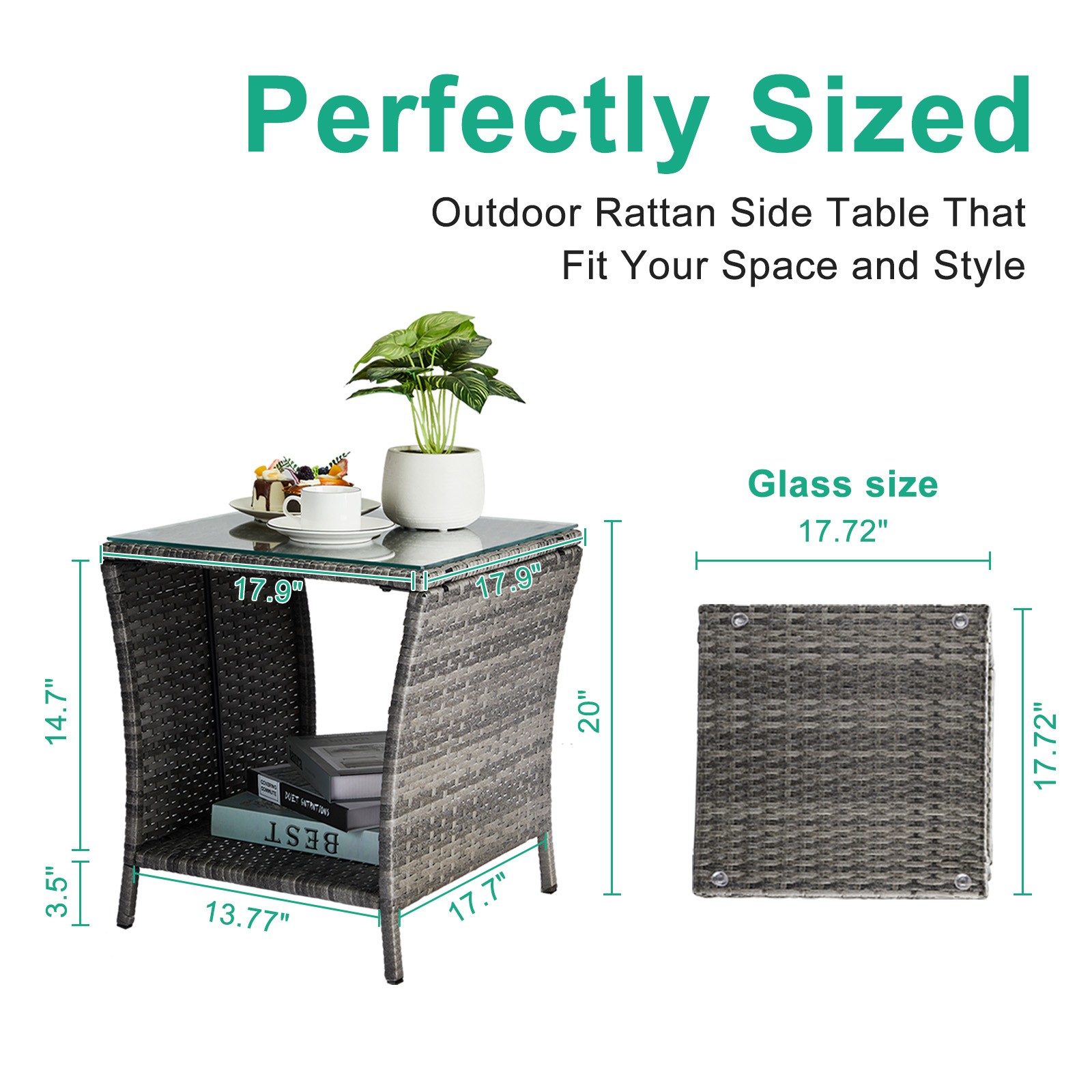 Wicker Side Table, Square End Table Bistro Coffee Table with Glass Top