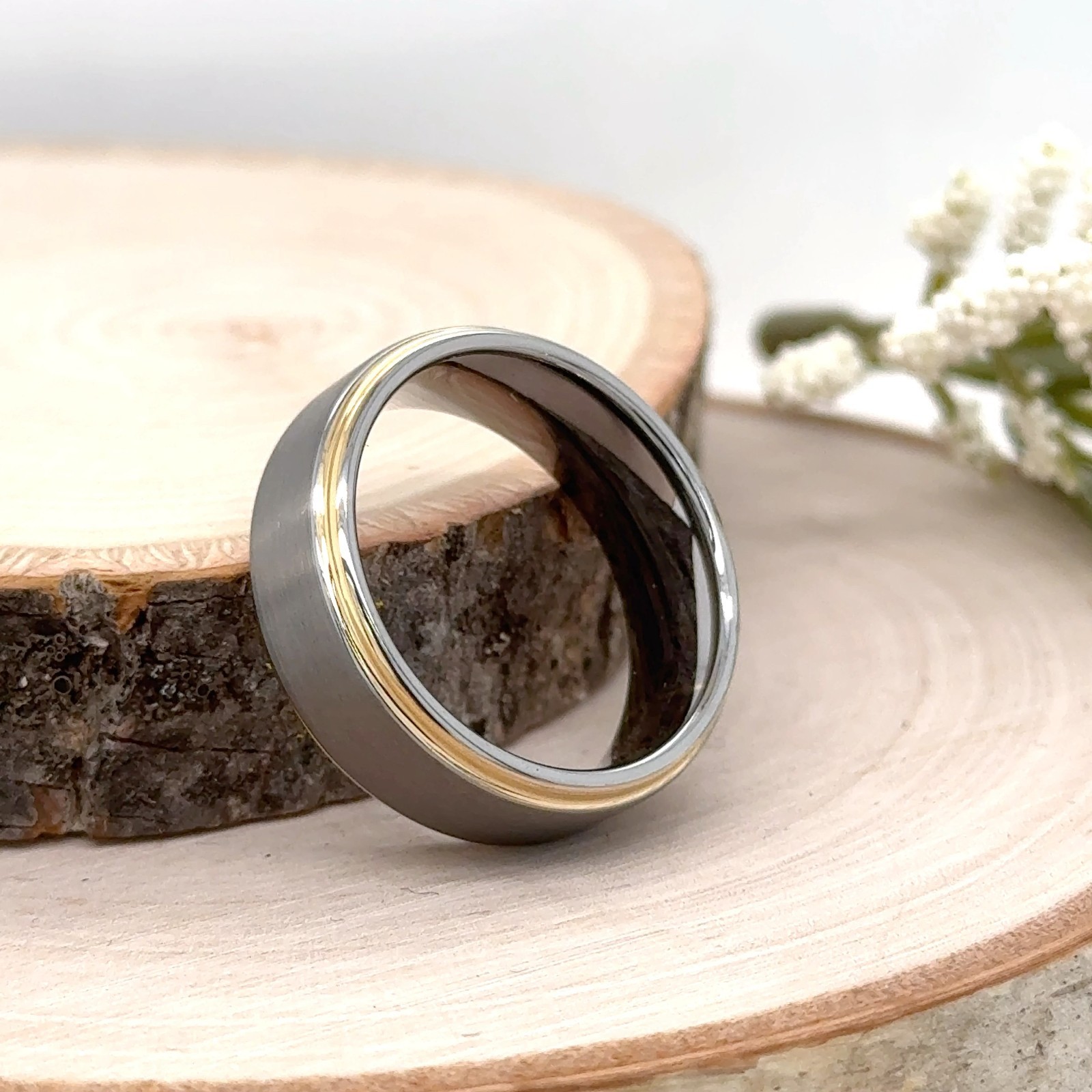 Dual Tone Tungsten 8mm Christmas Ring Brushed Silver & Gold Beveled Edge Band