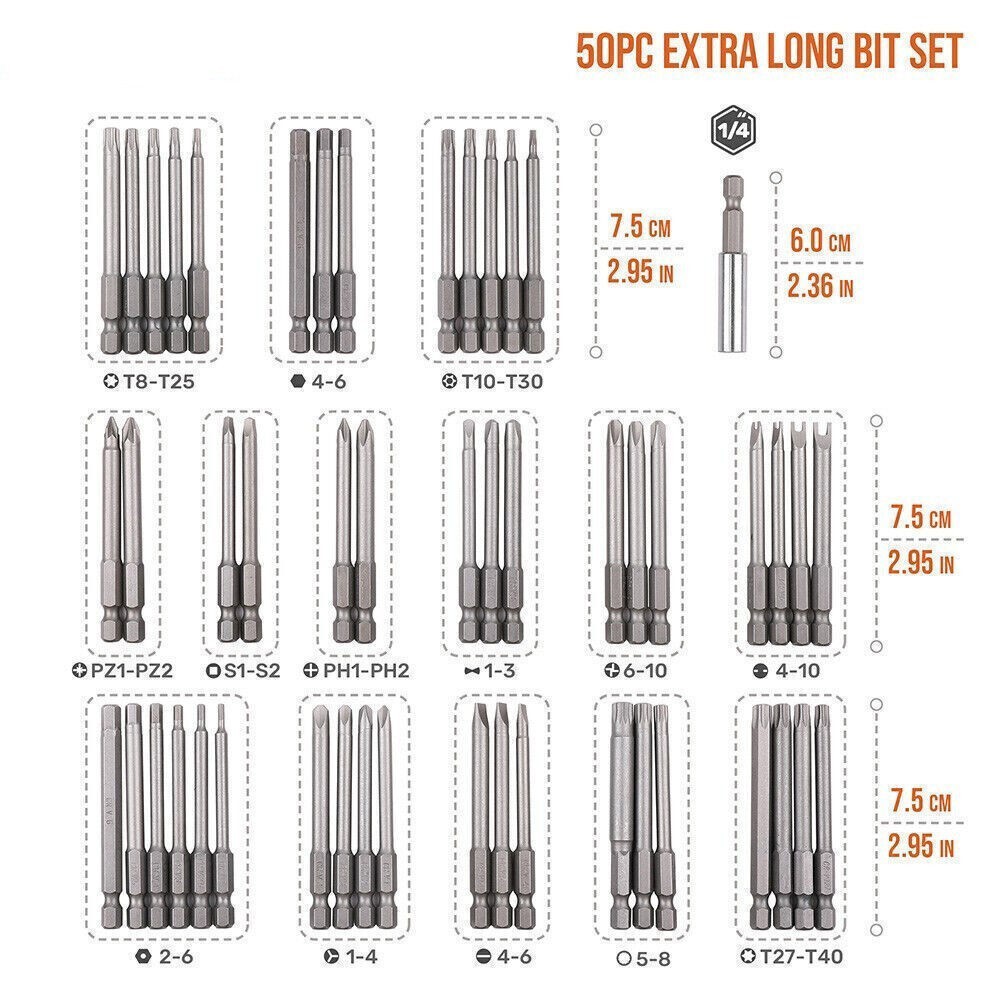 50PCS Extra Long Security Bits Hex Torx Star Spline Flat Screwdriver Bit Set