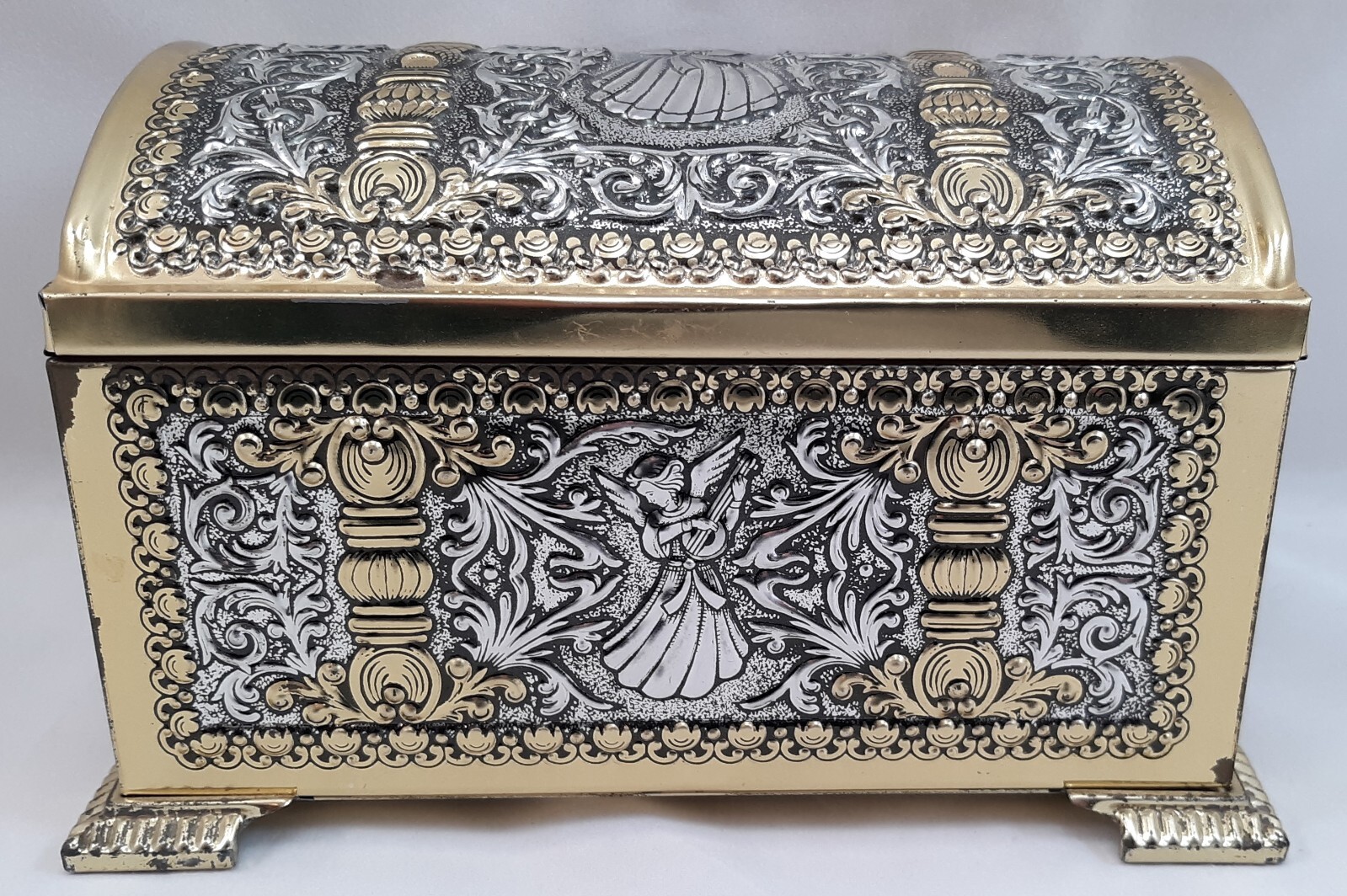 VTG Teleflora Gold Silver Filigree Embossed Cherub Metal Footed Box West Germany