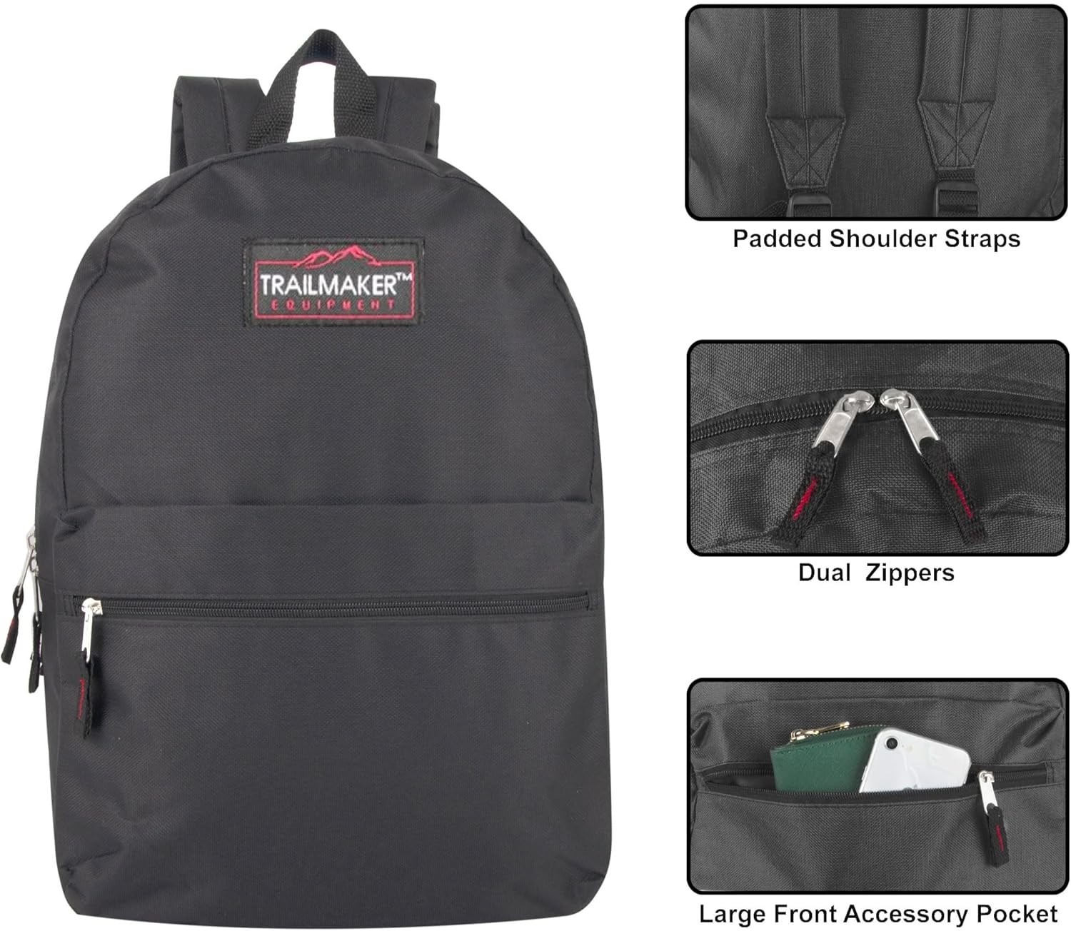 Backpacks with Adjustable Padded Straps 17 in for School Girls Boys (Black)