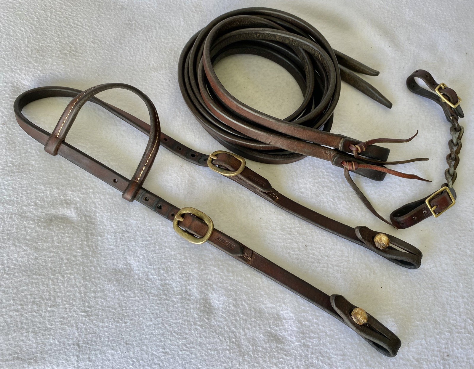 CHEANEY Hot Oil HEAVYDUTY Harness Leather~HEADSTALL~8-1/2'Split REINS~CURB CHAIN