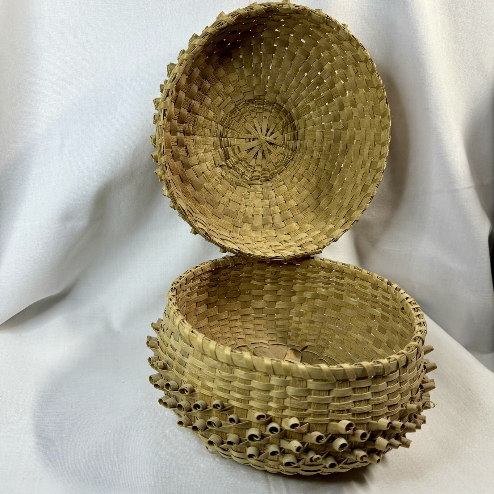 Handmade Vintage Porcupine Coil Curl Basket Native Indian Reed Lidded Weave