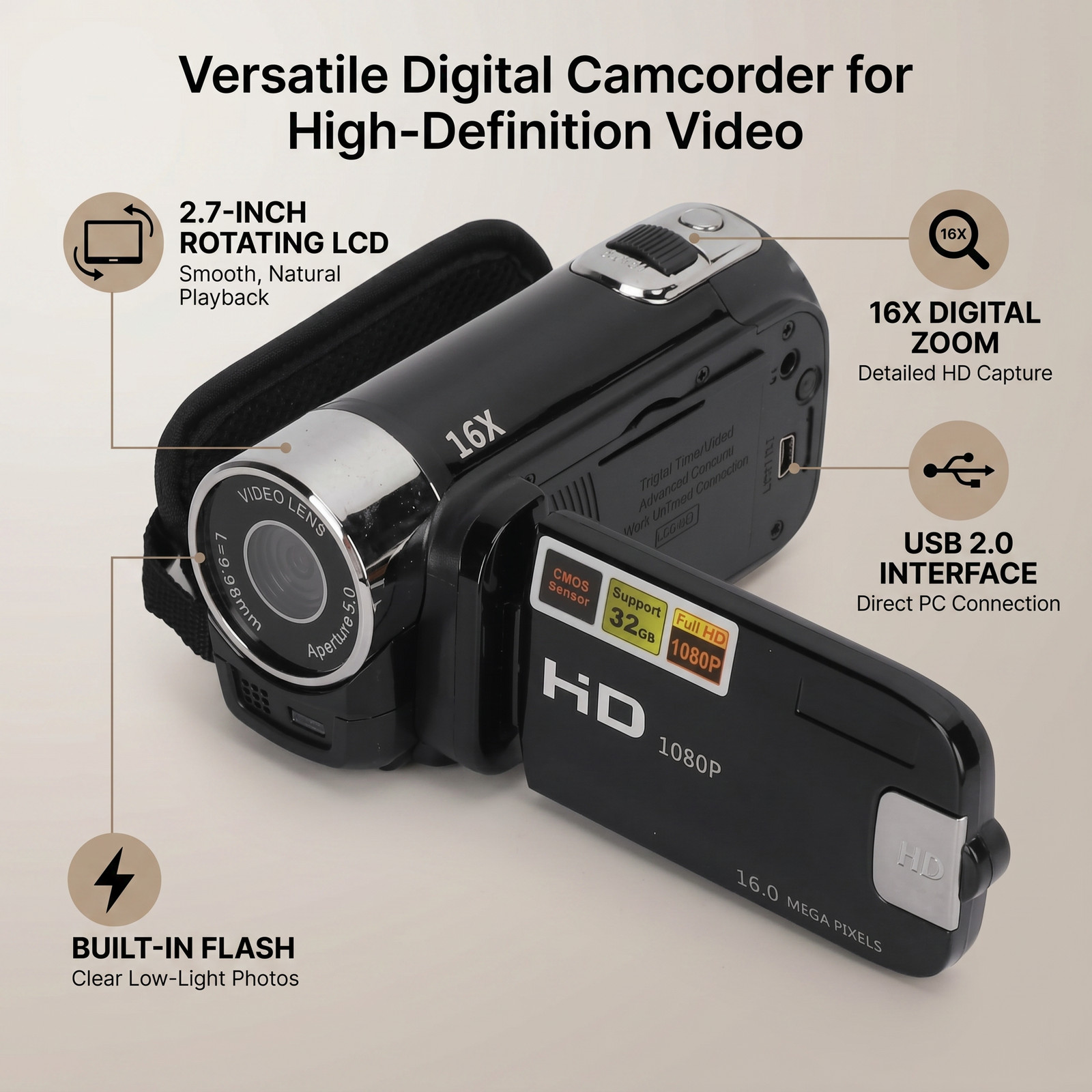 1080P HD Video Camera Camcorder Night Shooting Flash Vlog Shooting Cam