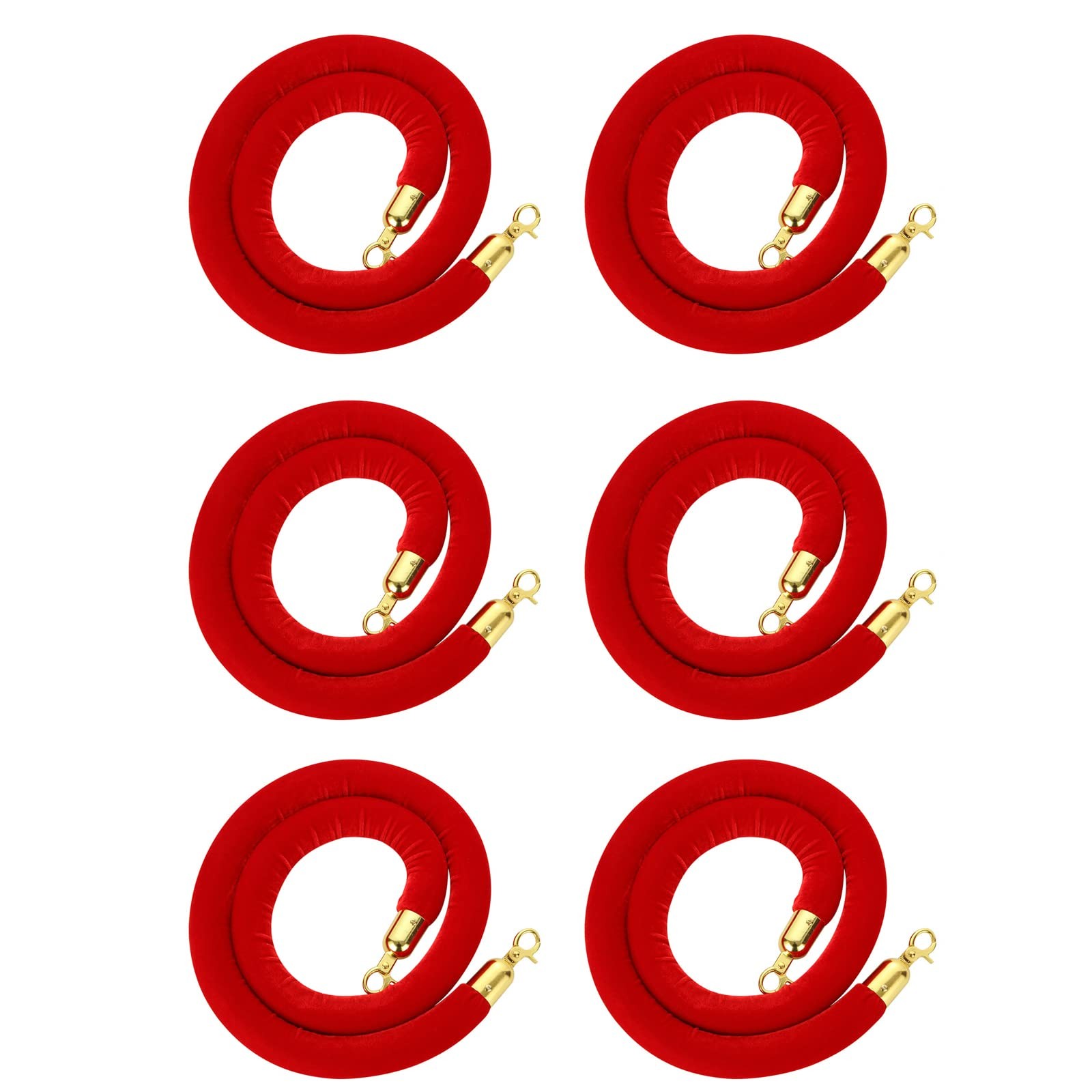 6 Pack Red Velvet Stanchion Rope, 5 Feet Crowd Control Velvet Ropes with Gold Cl