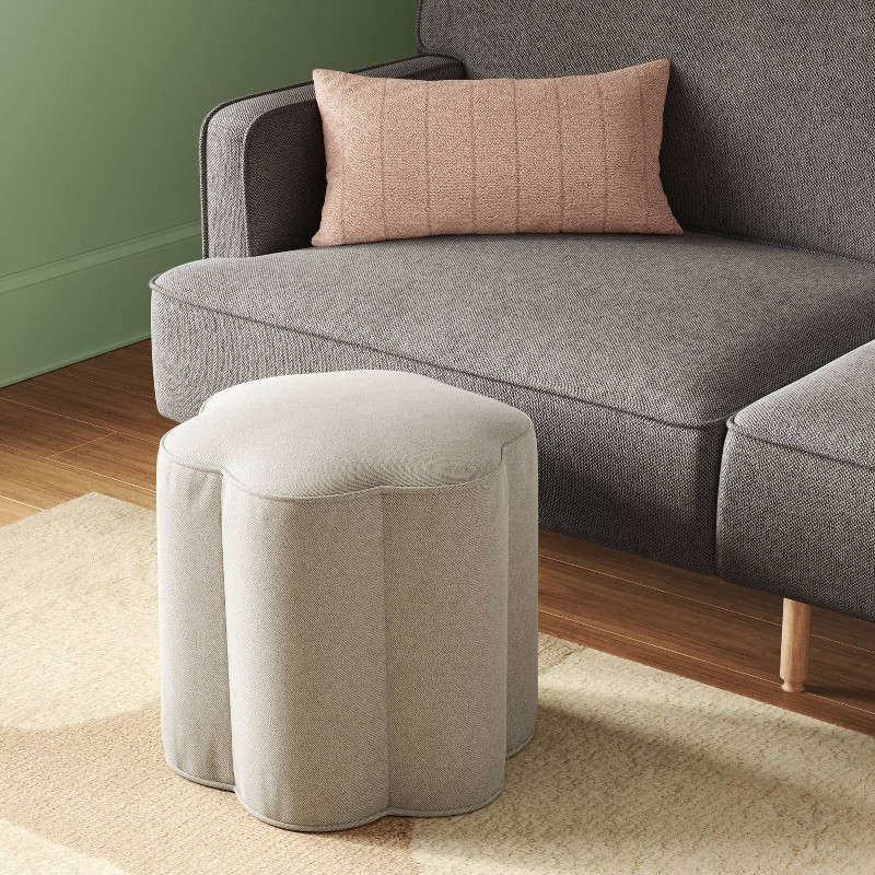 Scalloped Upholstered Ottoman Cream Padded Seat Wooden Frame