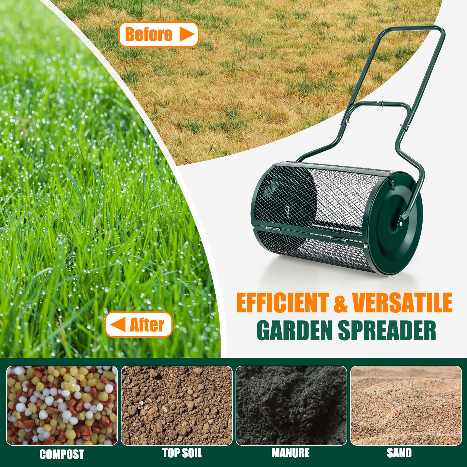 24" Peat Moss Spreader Compost Spreader w/ Upgrade Side Latches & U-shape Handle