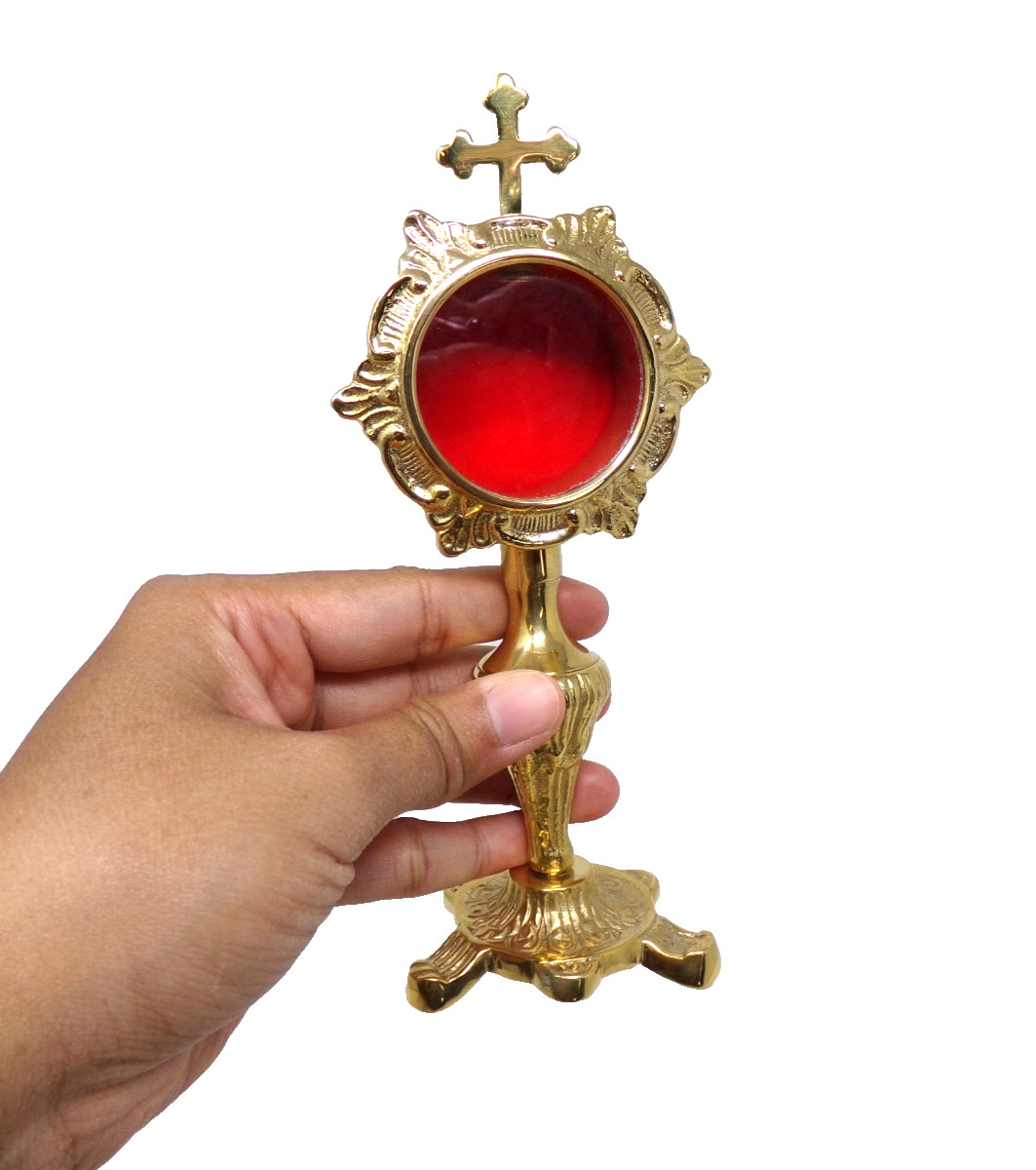 Religious Brass Monstrance Ostensorium With Cross Top and High Polish 7 Inches