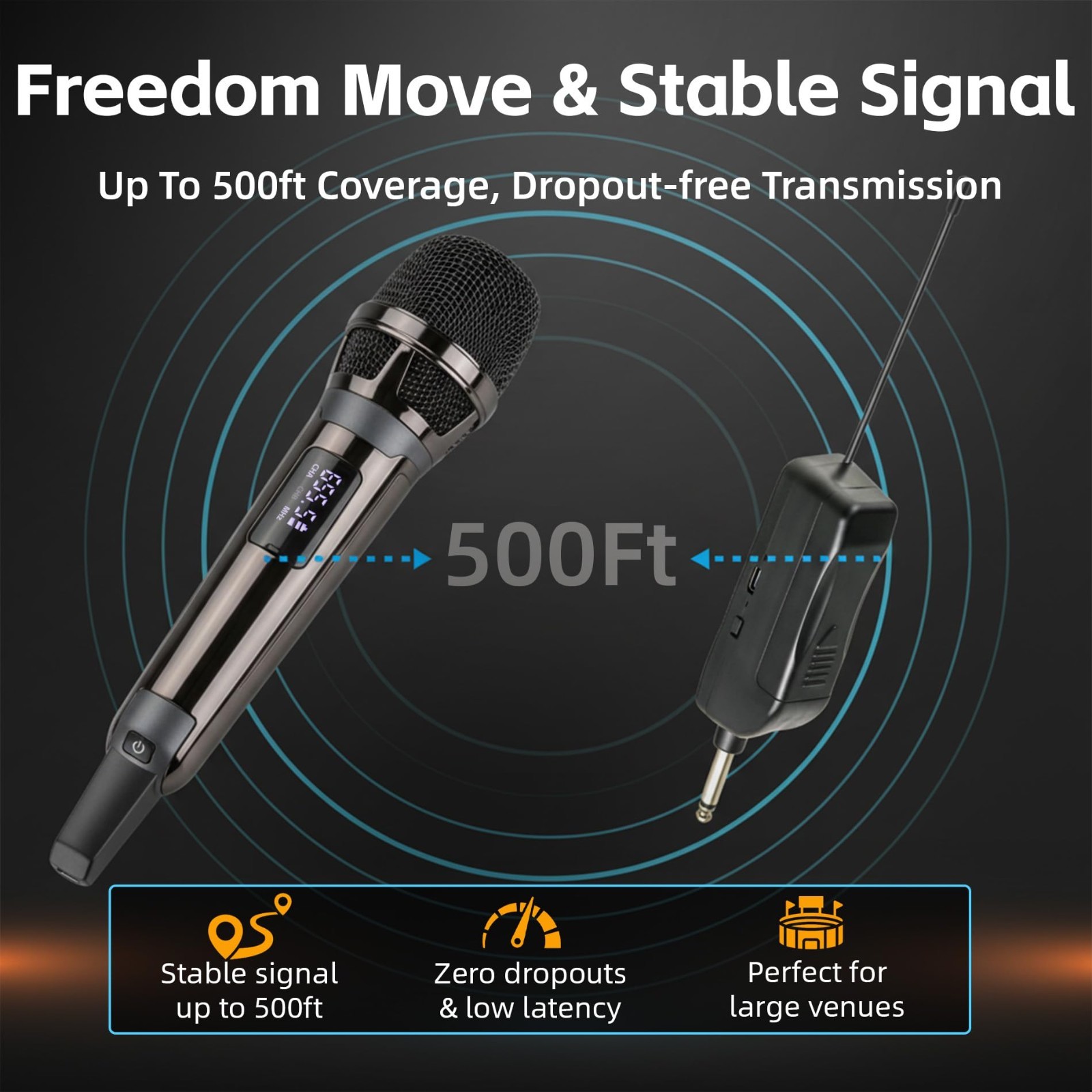 Dual Wireless Microphones for Karaoke - 500ft Range, LED Display, Handheld Mics