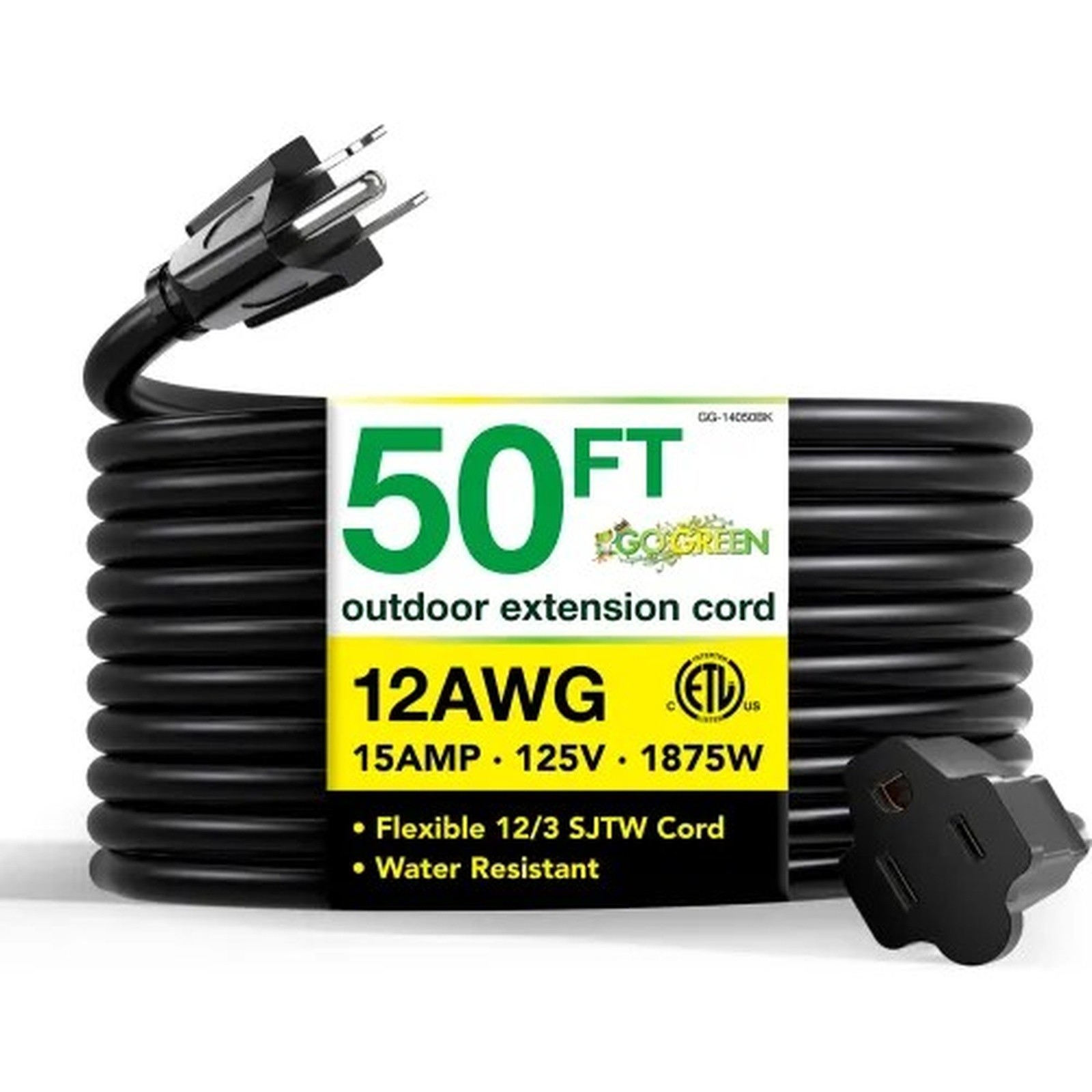 GoGreen Power SJTW Heavy Duty Extension Cord, 1 Outlet, 12/3 Gauge, 50'L, Black