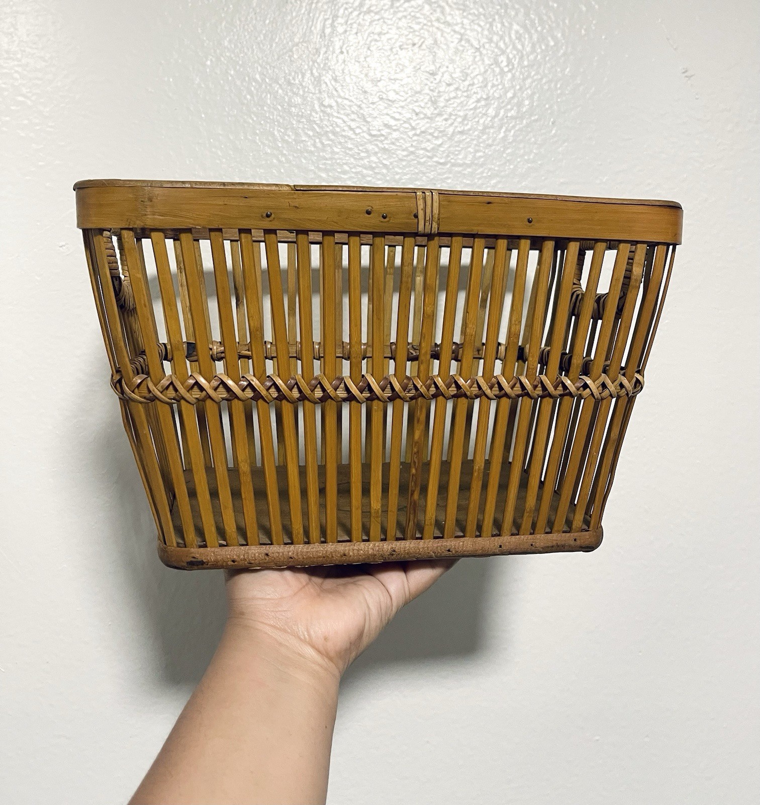 Vintage rustic bamboo basket with handles 7.5 X 10 X 6” Tall