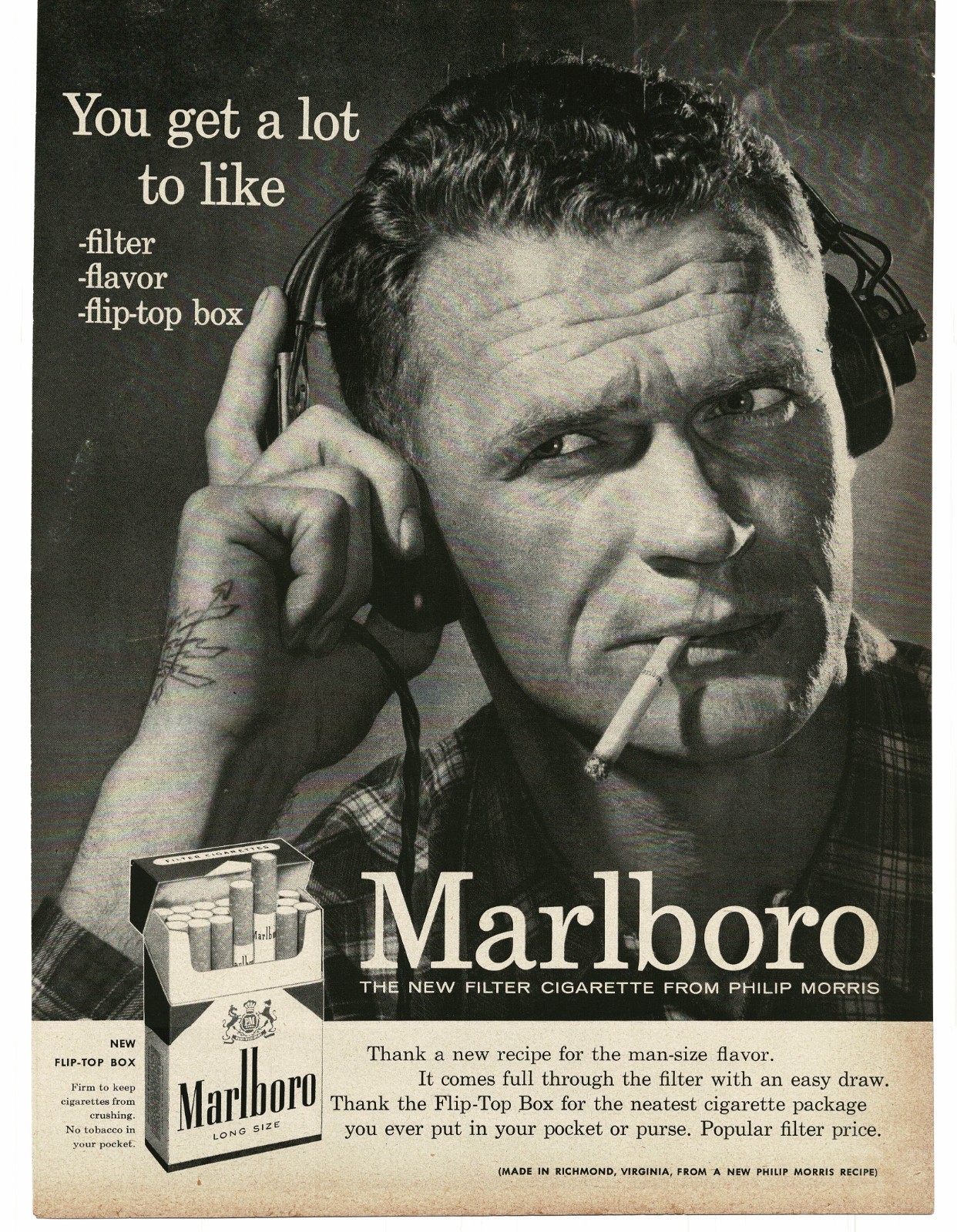 1956 Marlboro Cigarettes man with eagle tattoo on hand Vintage Print Ad 1