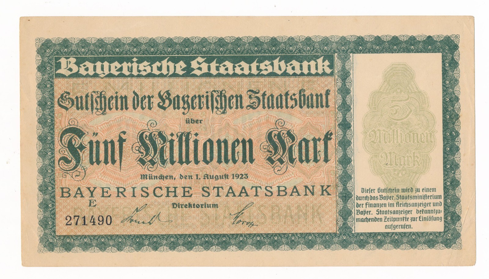 Germany 5,000,000 Mark (5 Million) Bayerische Staatsbank 1923  aUnc (AU) Note