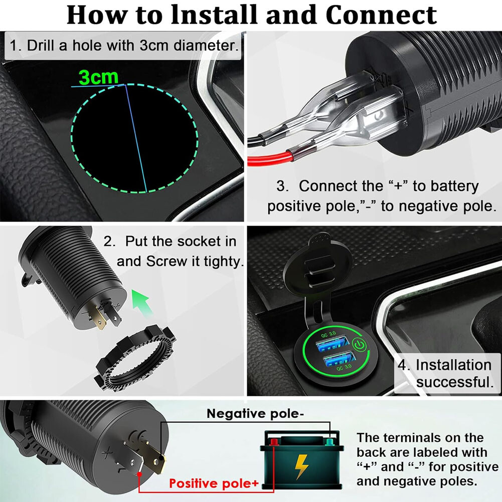 Car Charger Cigarette Lighter Touch Switch QC 3.0 Dual USB Power Socket Green
