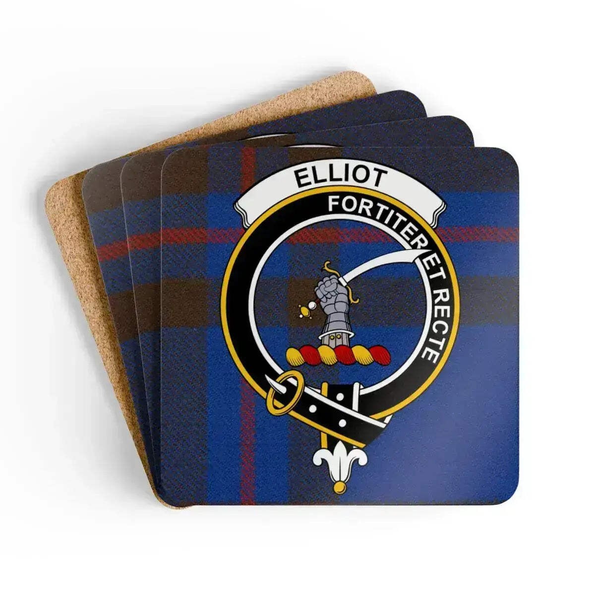 Elliot Clan Crest Tartan Coaster Set – Set of 4 Natural Cork
