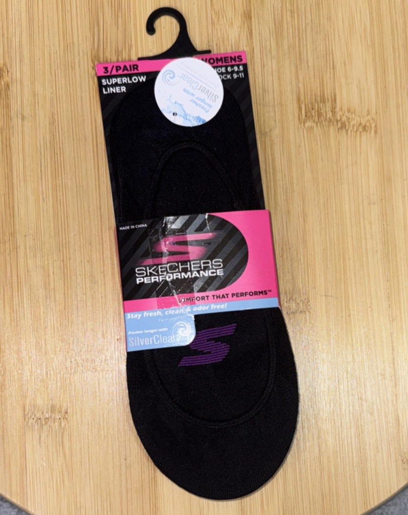 Skechers Performance No Show Socks Womens 9-11 Black 3 Pack Non Slip Liner