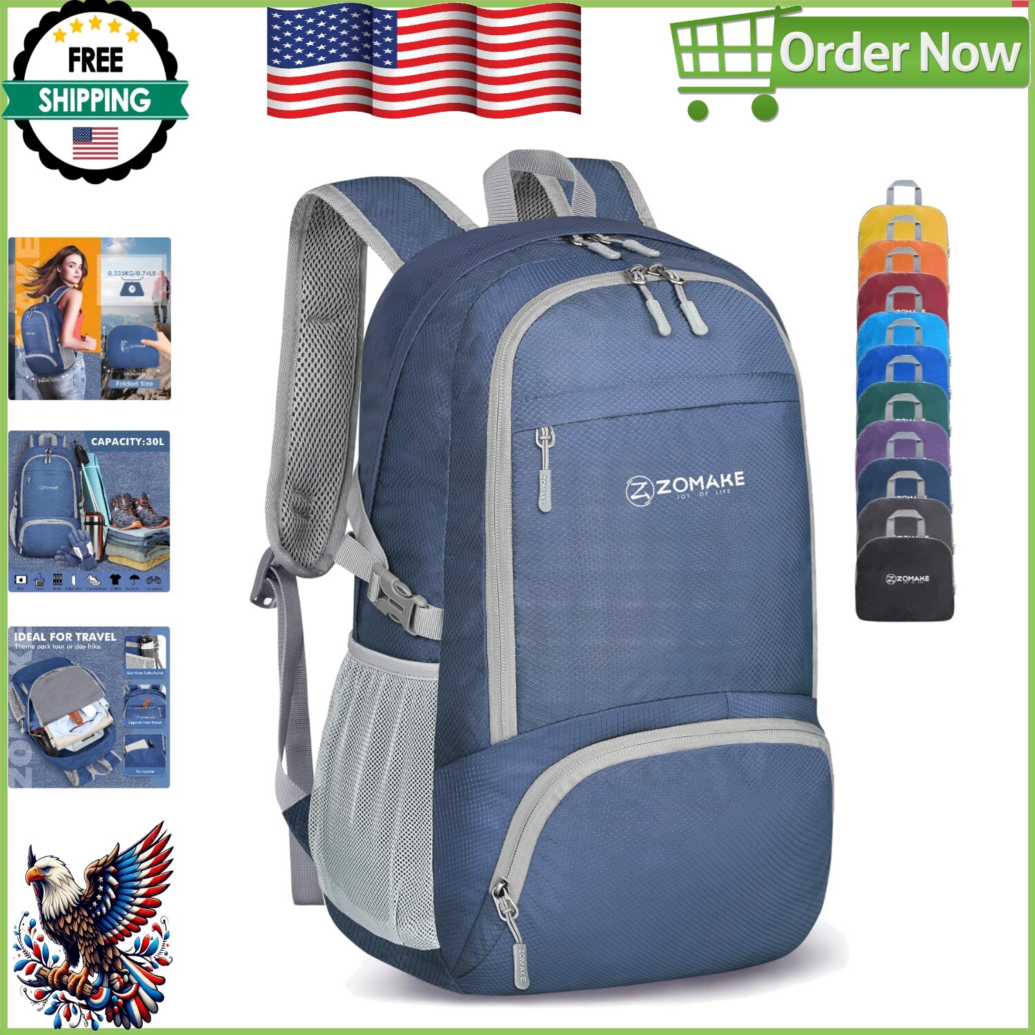Premium Compact Packable Daypack - 30L Lightweight Travel Backpack in Navy Blue