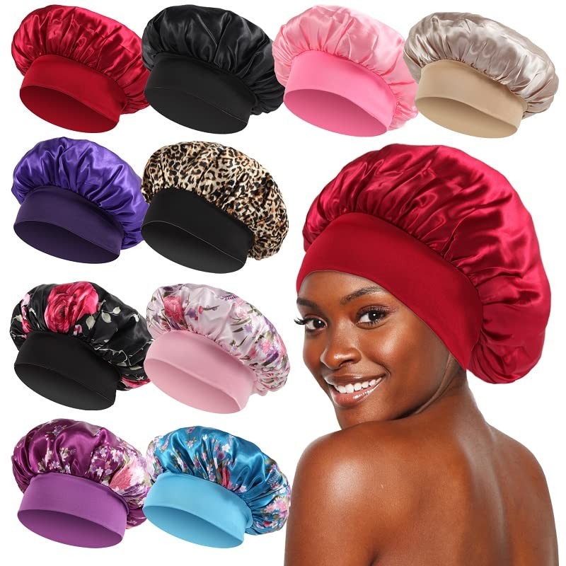 Satin Bonnet Elastic Wide Band Silk Hair Bonnet For Sleeping Men 10 PCS