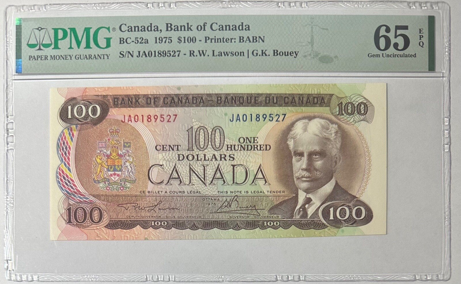 CANADA - 100 DOLLARS - BC 52a - 1975 - PMG GEM UNC 65 EPQ