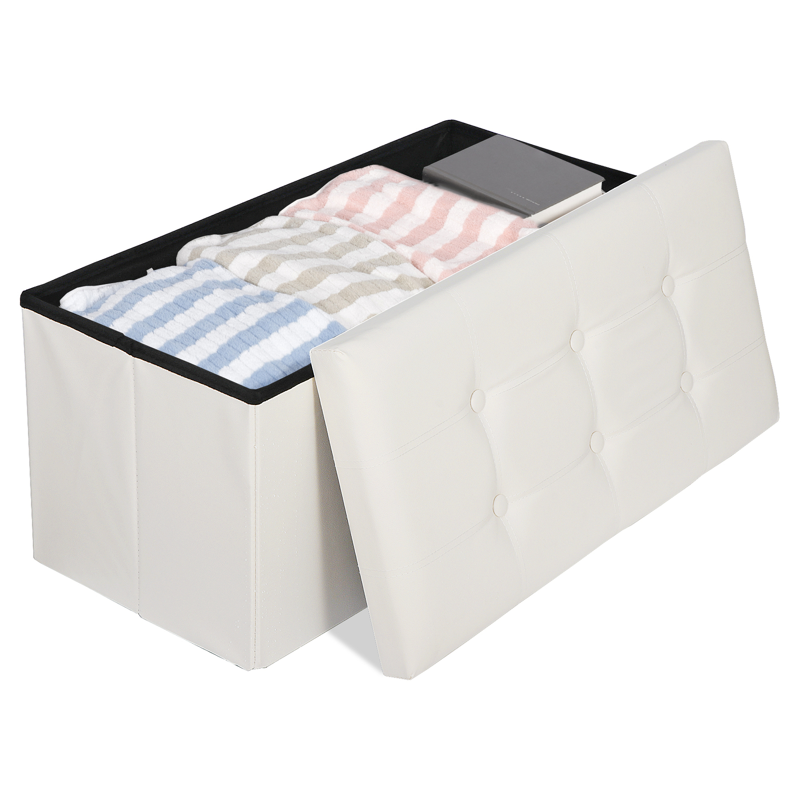 Durable 30" Ottoman Storage Bench Chest Folding Footstool W/Removable Lid Beige