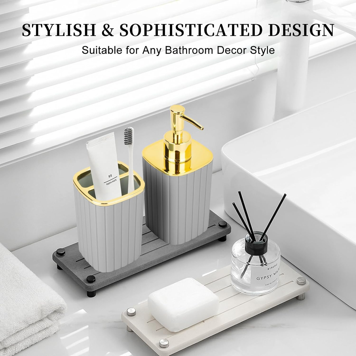 2PCS Bathroom Accessories Set, Grey Bathroom Accessories Include Soap Dispenser