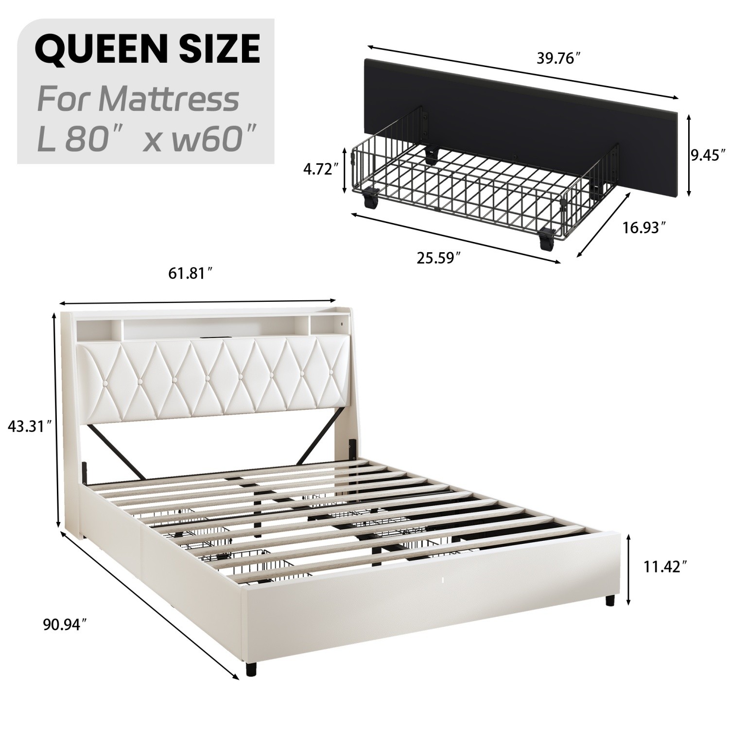 Queen Size LED Platform Bed Frame w/ 4 Drawers & Storage Headboard & USB Ports