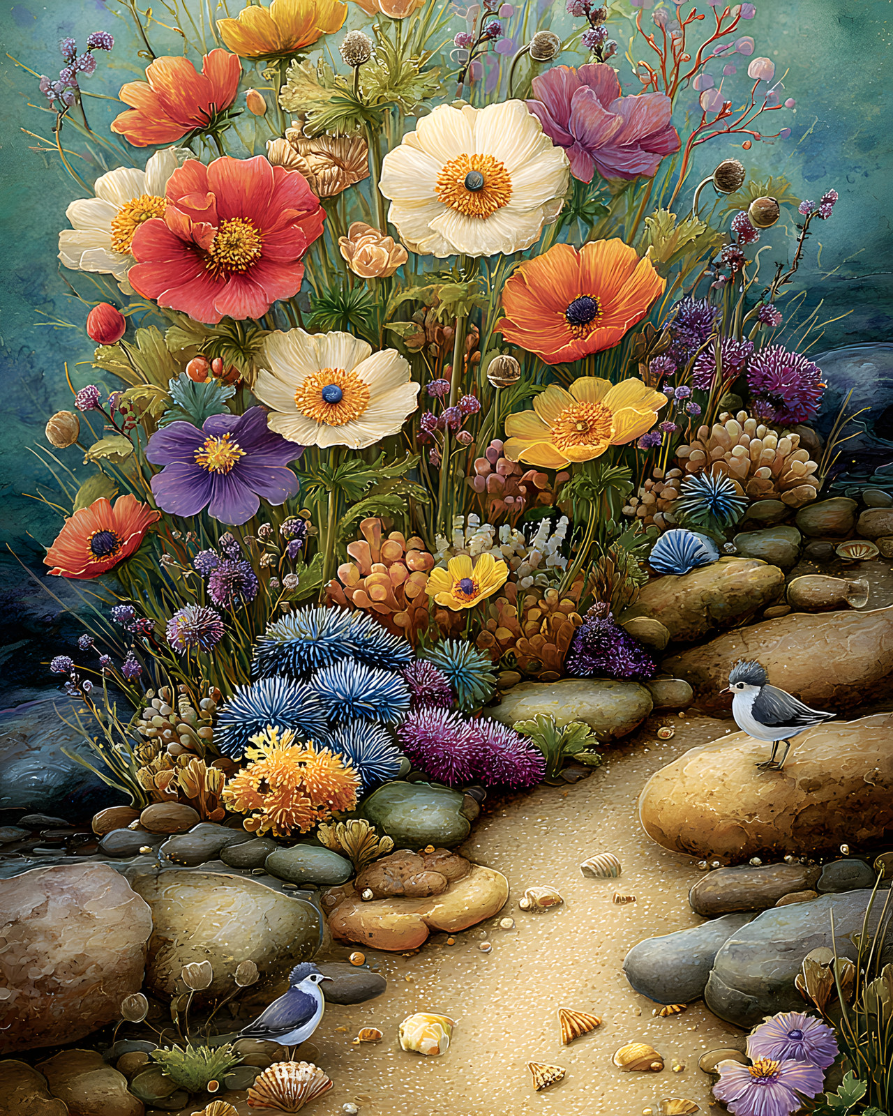 8x10 Cozy Storybook Flowers and Rocks on Beach Art Print Cottagecore - 680176930