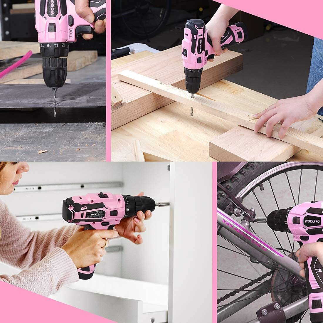 WORKPRO Cordless Drill Driver Kit 12V Screwdriver Driver Tool Kit Green/Pink NEW