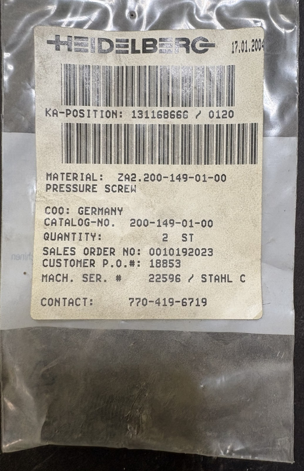 NOS - Heidelberg Pressure Screws ZA2.200-149-01-00 - Lot of 2 - Free Shipping