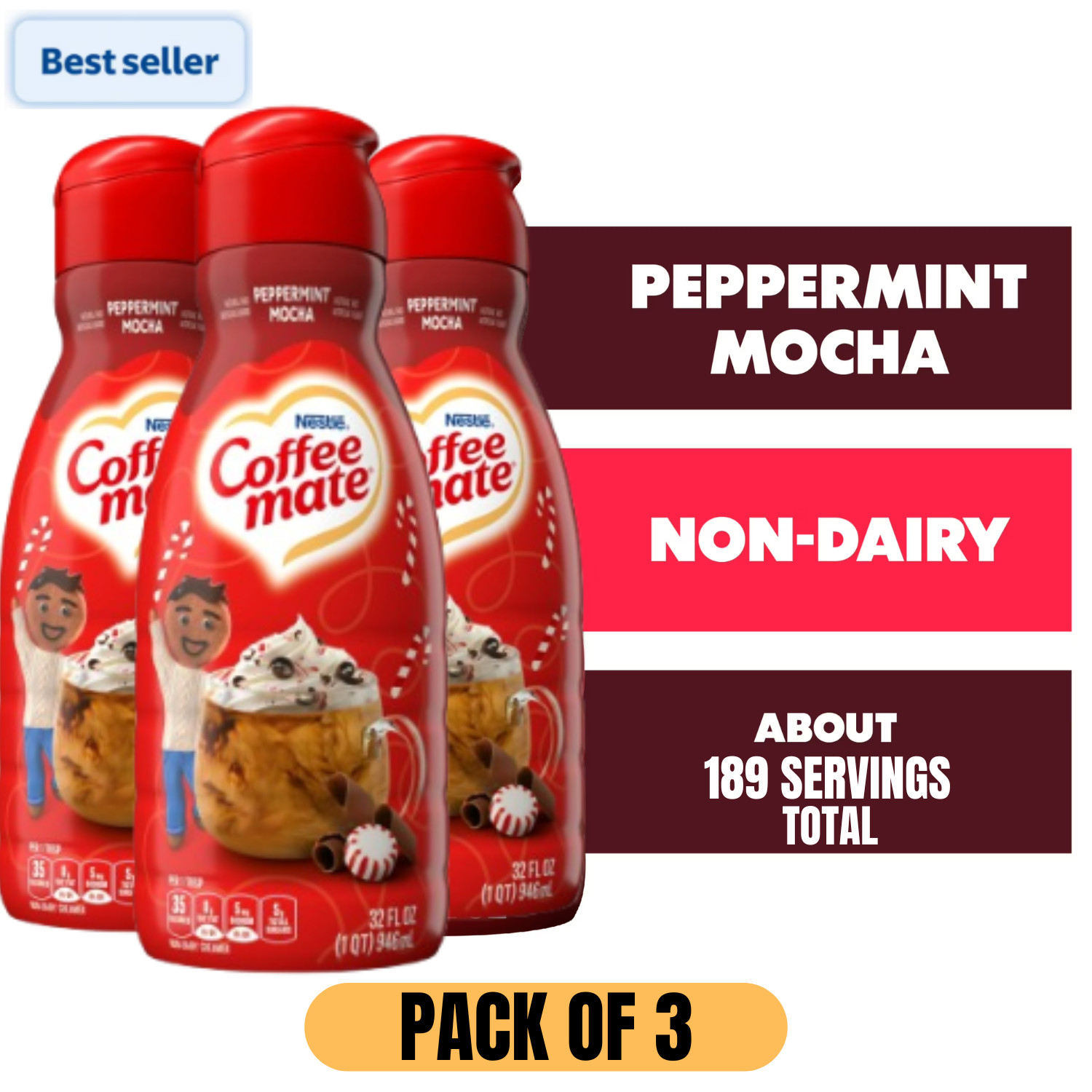 3X Coffee Mate Peppermint Mocha Non-Dairy Liquid Coffee Creamer, 32 fl oz Bottle