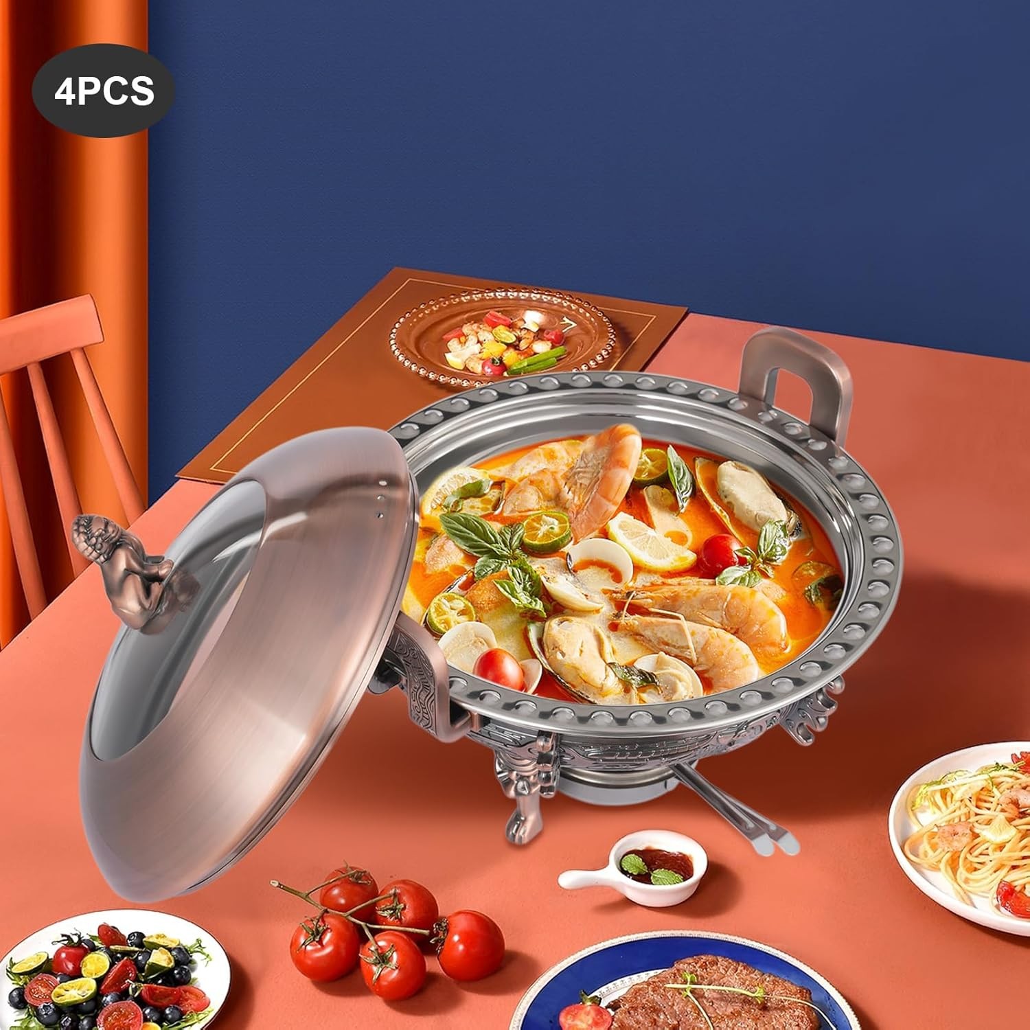 4PCS Bronze Chinese Style Chafing Buffet Set Round Stainless Steel Buffet Set