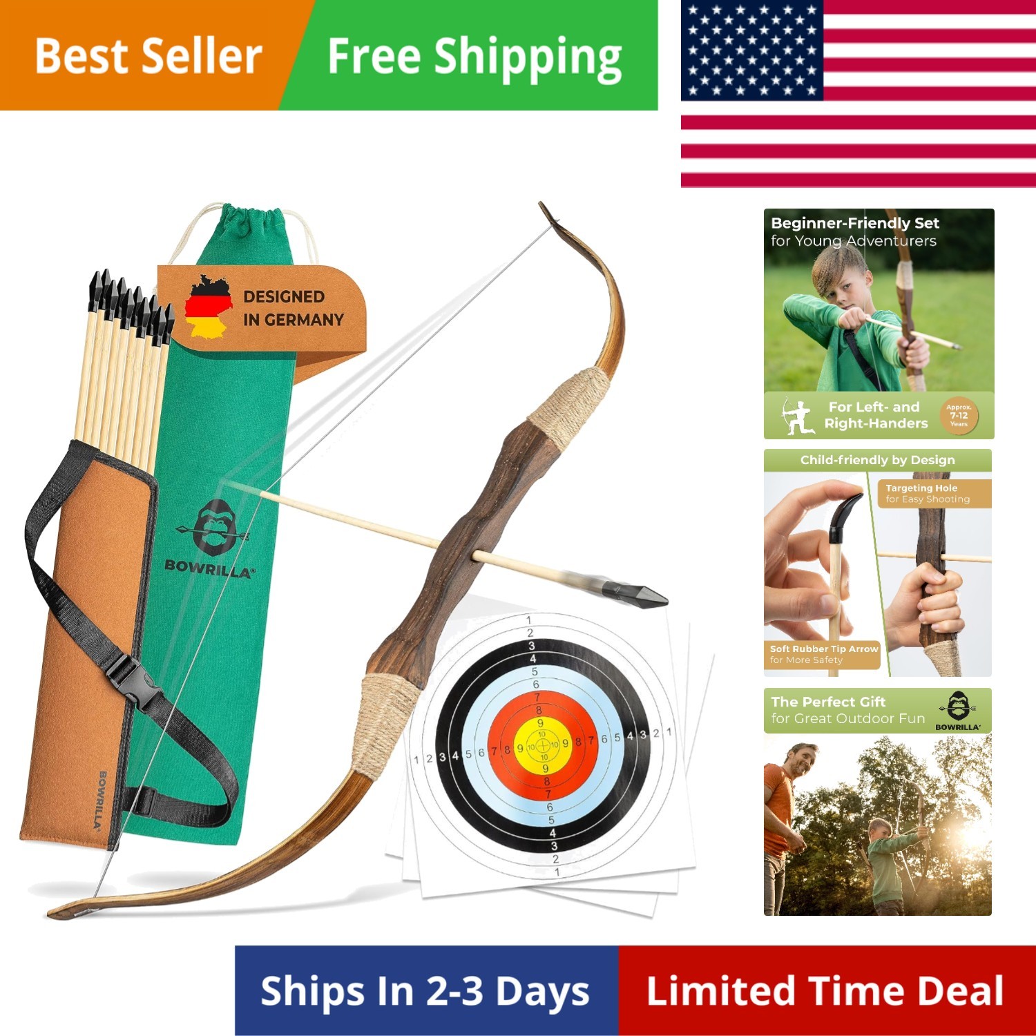 Wooden Bow and Arrow for Kids with 10 Arrows, Quiver, 3 Targets & Storage Bag...