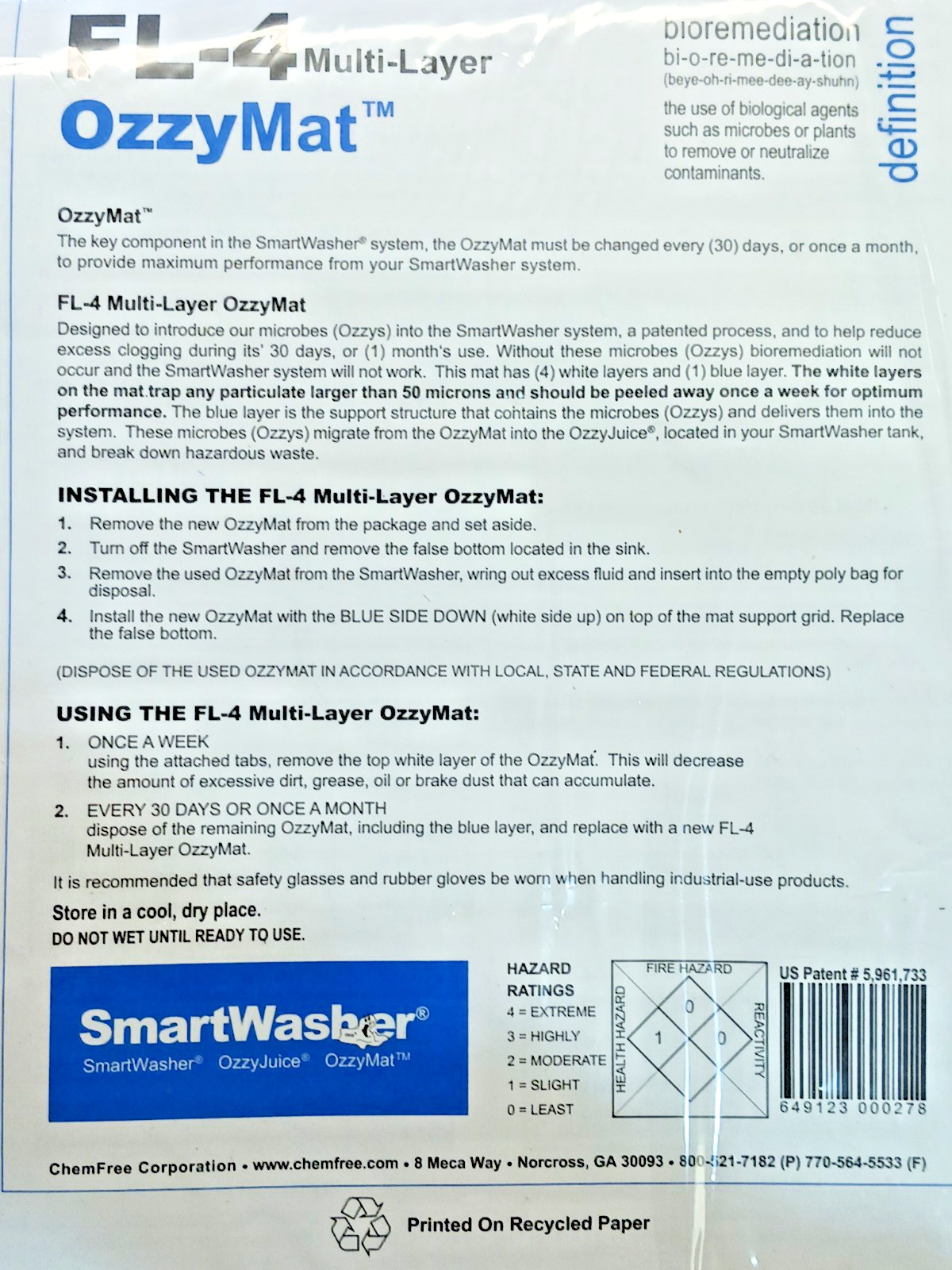 OzzyMat SmartWasher multi layer mats,  1 lot of 5 mats (4 - FL4 & 1 - FL3)
