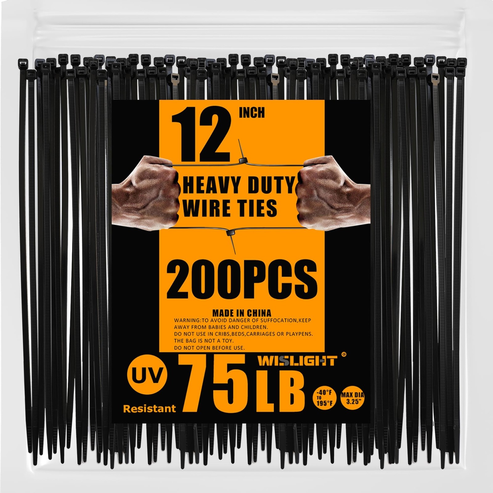 Black Zip Ties12 Inch 200 pcs, UV Resistant Cable Ties Industrial Multi-Purpo...