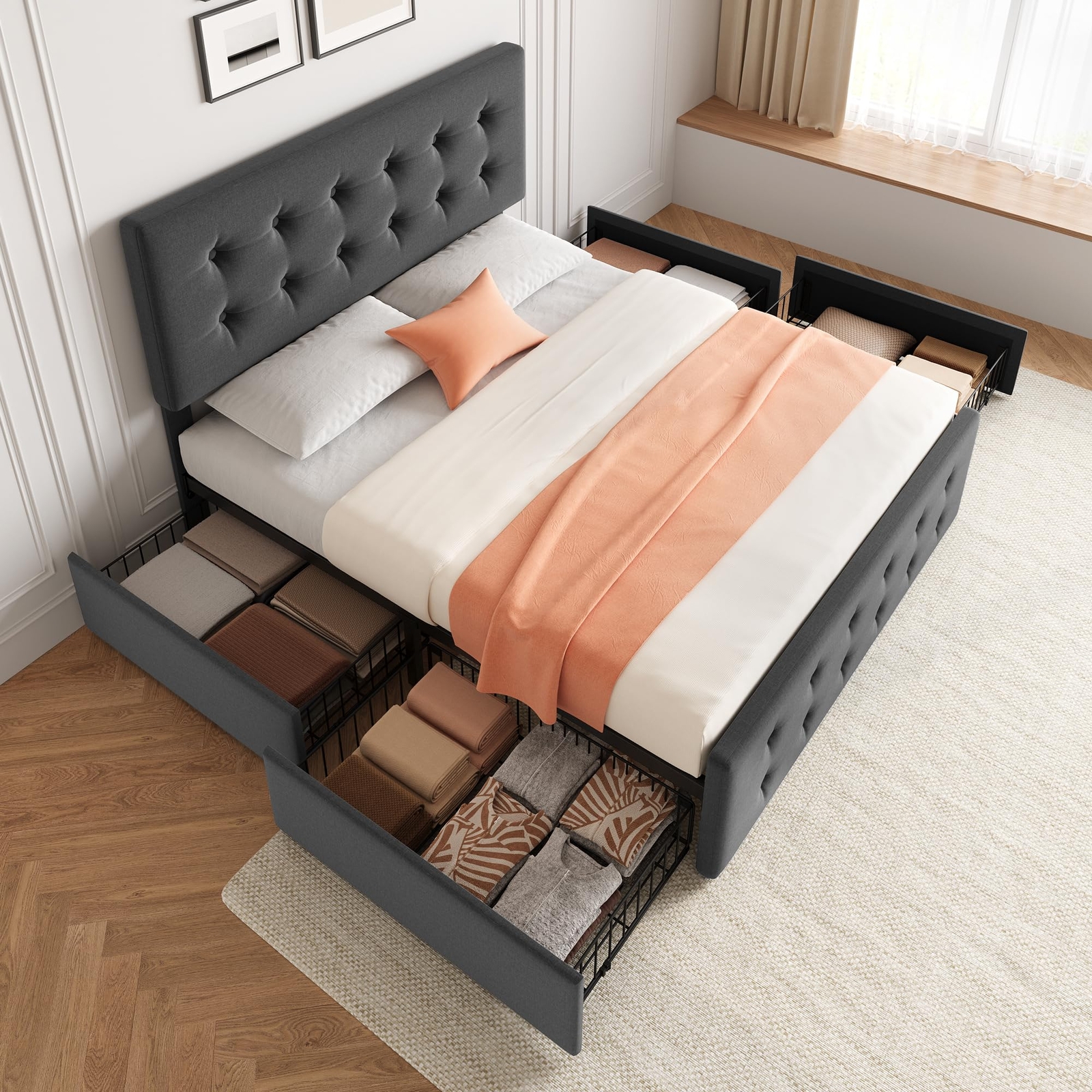 Full Size Bed Frame with Upholstered Storage Headboard with 4 Storage Drawers