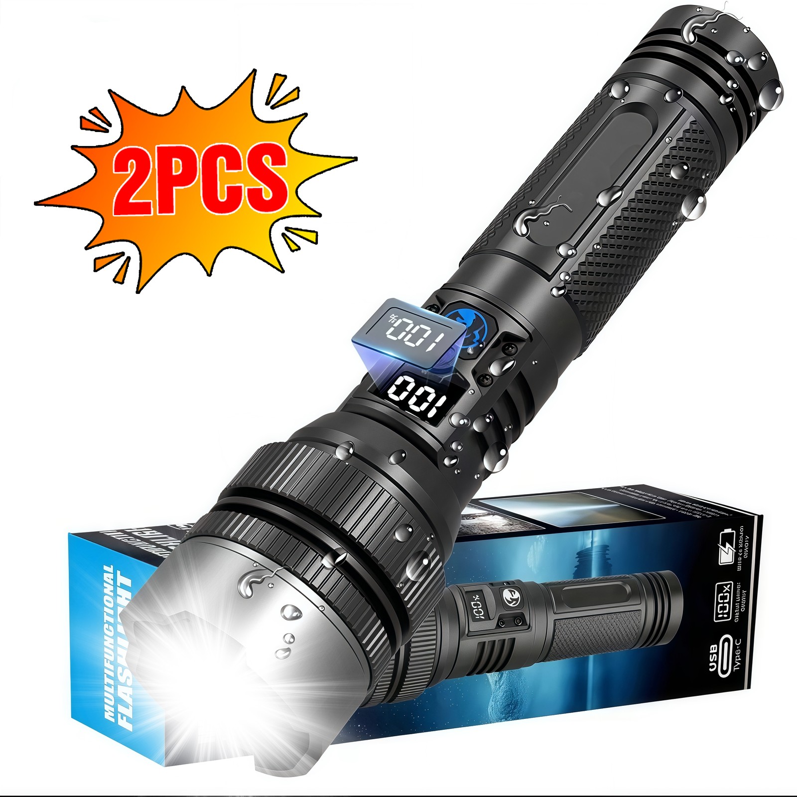 2x 99000000LM Tactical LED Flashlight Rechargeable Super Bright Work Light Torch