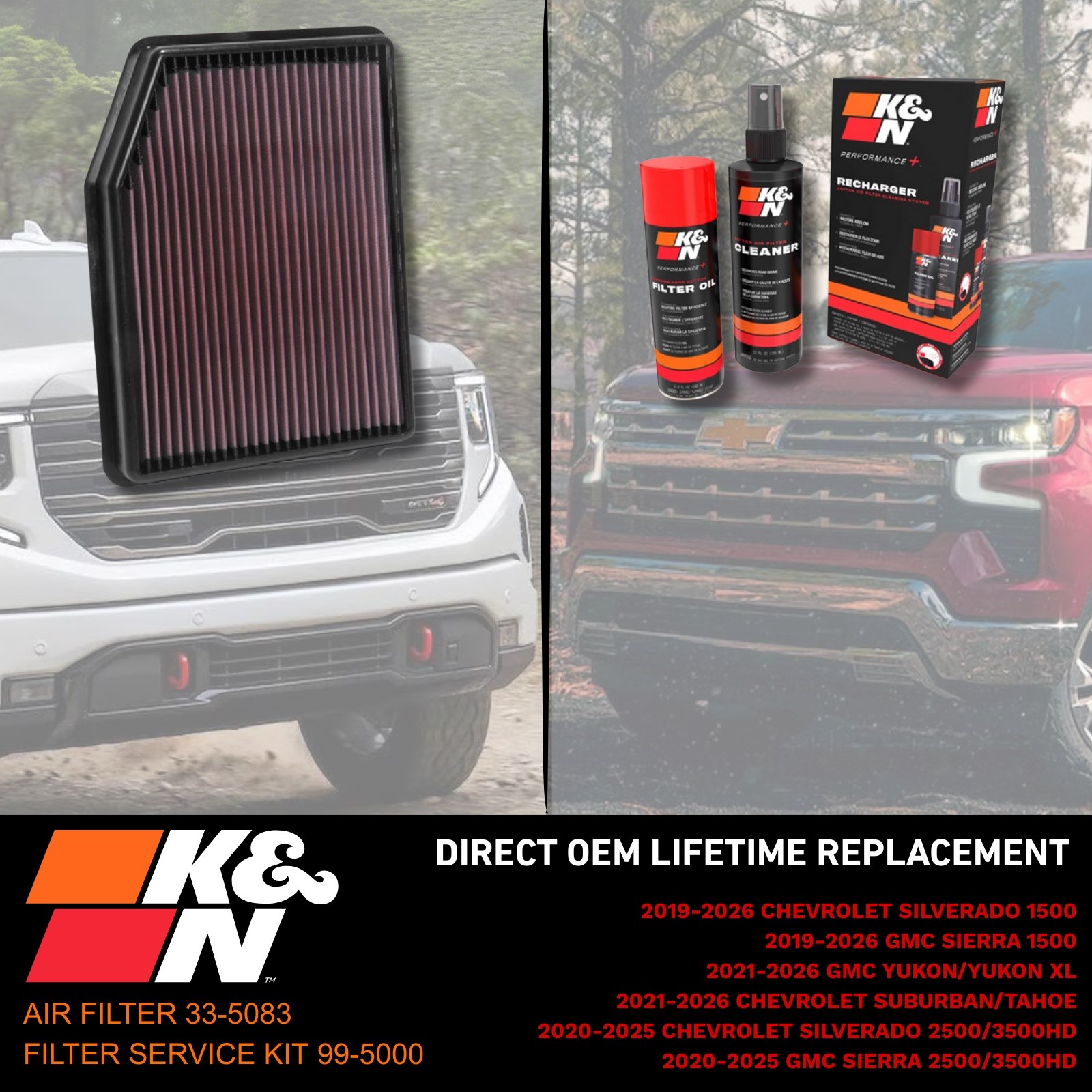 K&N Lifetime Air Filter & Care Service Kit for 2019-2026 Silverado & Sierra 1500
