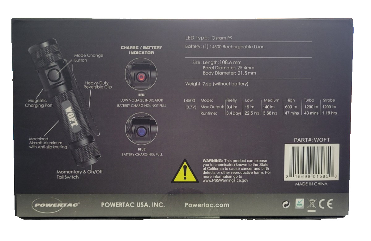 WOFT Powertac Tactical EDC Rechargeable 1200 Lumens Flashlight