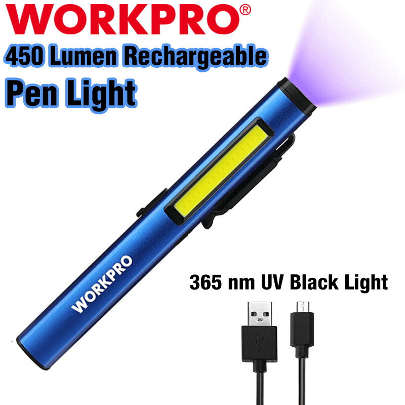 WORKPRO USB Rechargable Pocket Pen Light LED Flashlight UV Black Light 450 Lumen