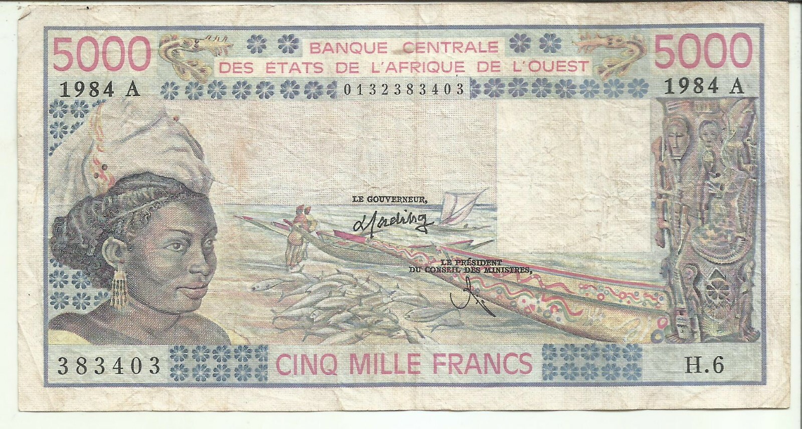 WEST AFRICAN STATES 5000 FRANCS 1984 P 108 . F-VF CONDITION. COTE IVOIRE. 2RW 24