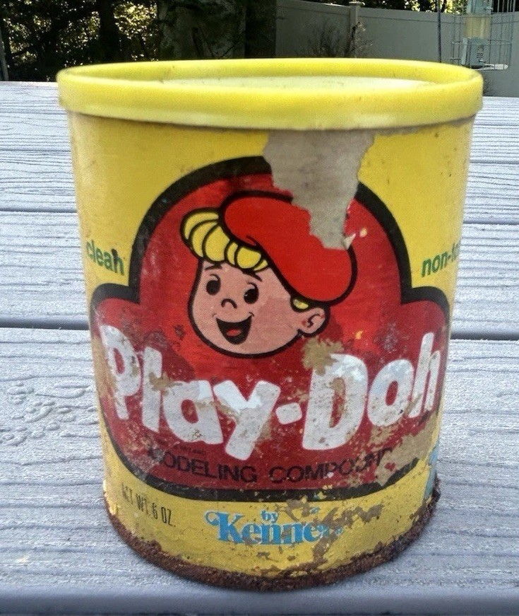 Vintage Play-Doh 1974 Empty Cardboard Can with Red Plastic Lid Yellow