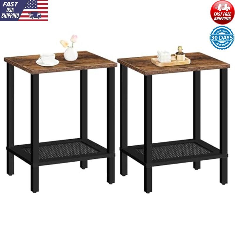 2-Tier Storage End Tables Set Nightstand Rattan Sofa Rustic Brown Black New
