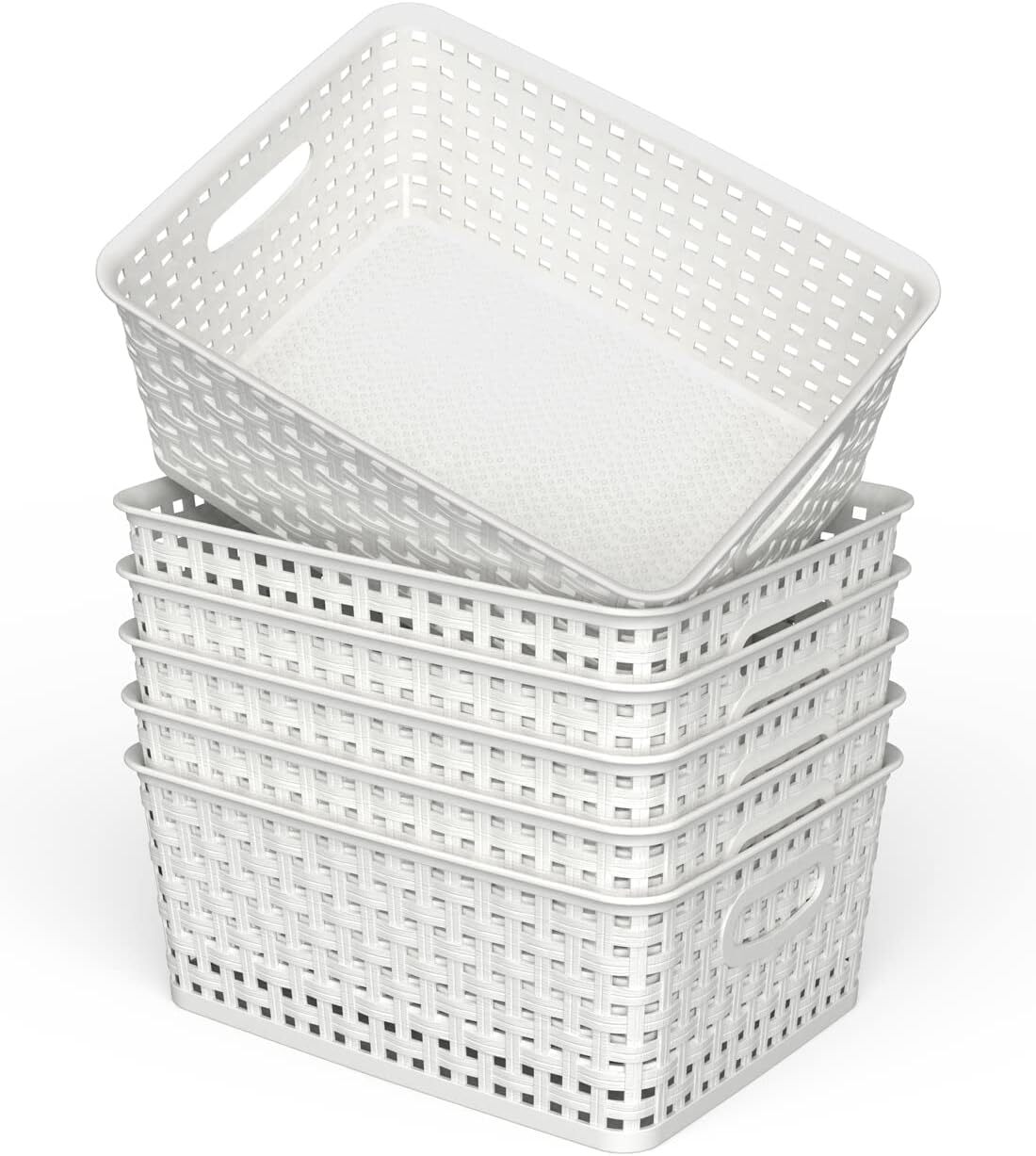 Plastic Storage Baskets, 6 Pack White Weave Bins Organizer, 10.1" x 7.55" x 4.1"