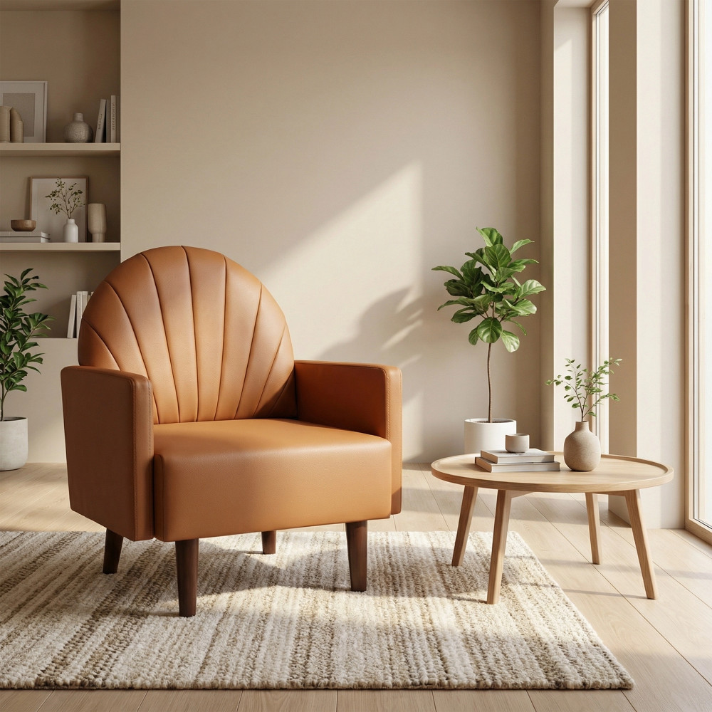 Orange PU Leather Accent Armchair with Plush Pillow & Wood Legs