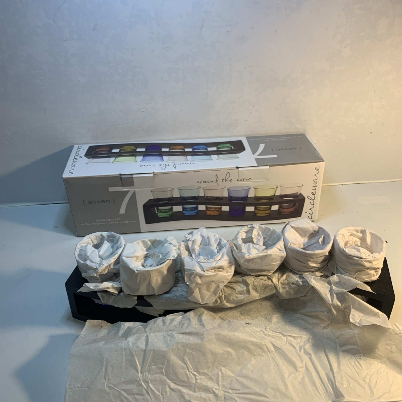 NEW Set of 6 Circleware AROUND THE CURVE Colored Shot Glasses w/ Tray 2 Ounce
