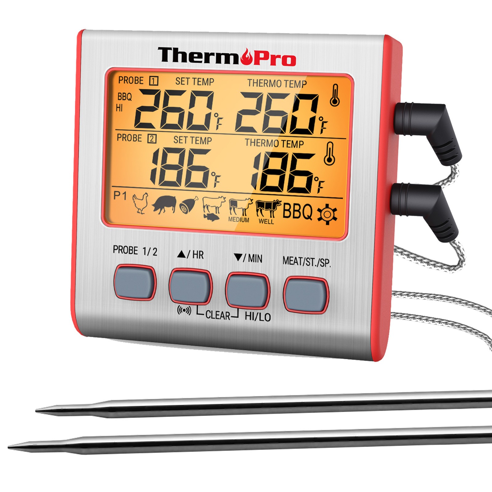 TempPro TP17W Dual Probe Meat Thermometer Large LCD Backlight Timer Mode BBQ