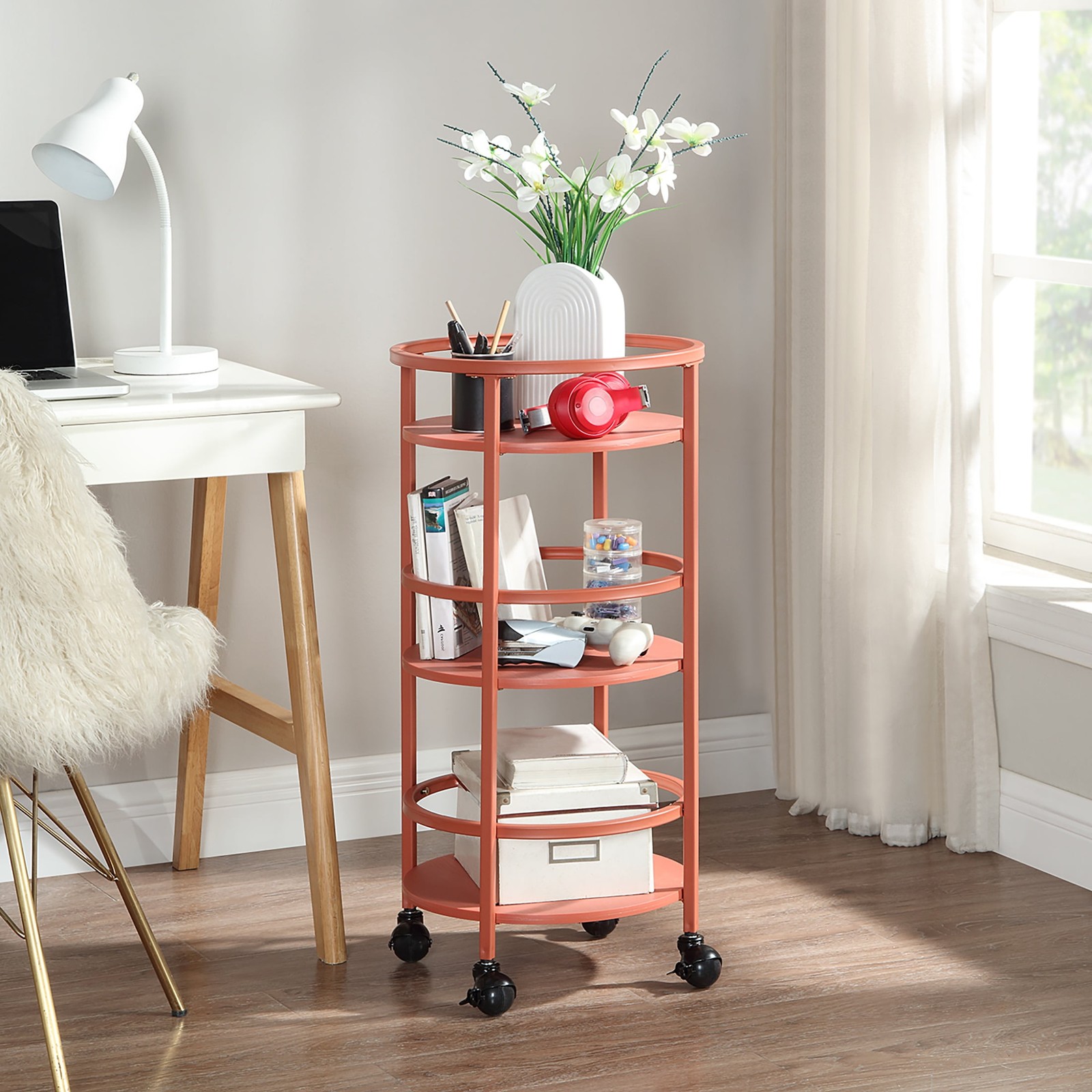 32" 3-Tier Rolling Round Kitchen Storage Bar Cart, Red