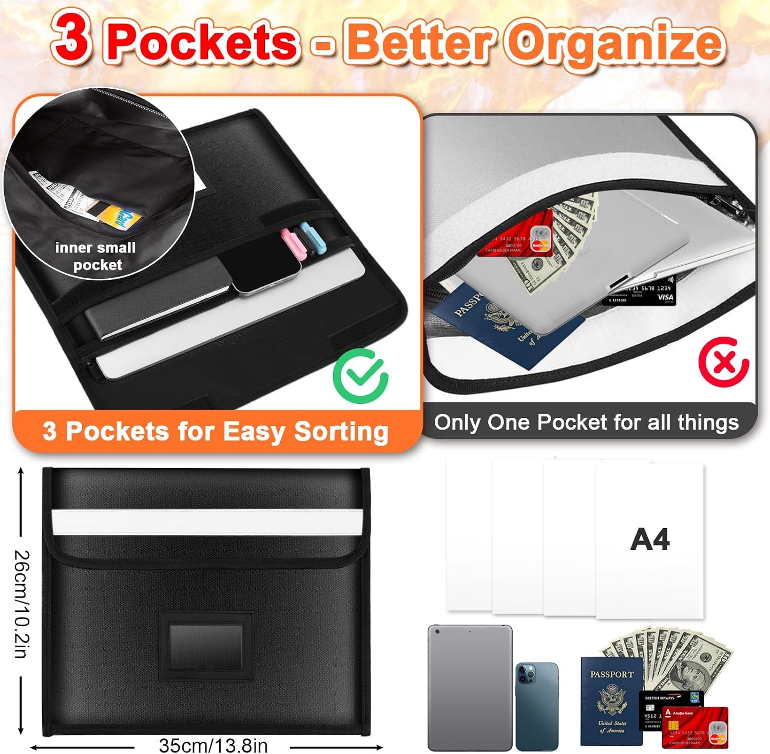 Extra Large Fireproof Document Bag - 5200℉ Fireproof Bag , 3 Pockets 10 X 14 in